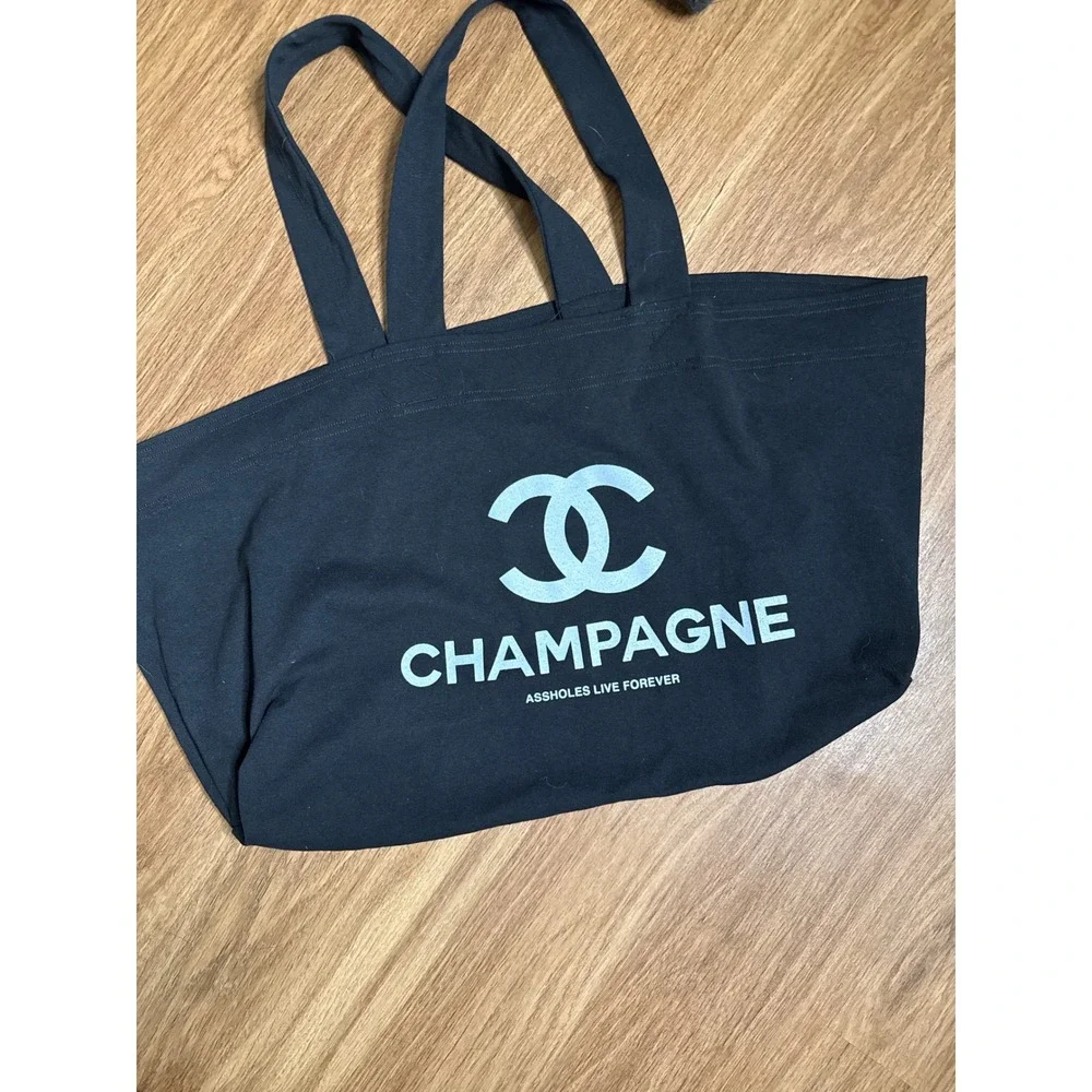 Assholes Live Forever Champagne Tote Bag Black Canvas Parody Graphic Streetwear‎